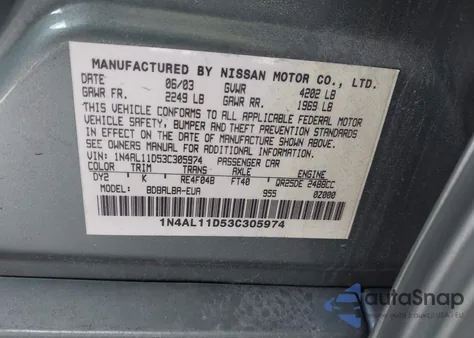 2003 Nissan Altima 2.5 S from USA, damaged, VIN 1N4AL11D53C305974